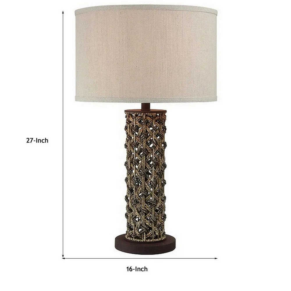 27 Inch Table Lamp, Woven Rope Design, Drum Shade, Rattan Wood, Brown By Casagear Home