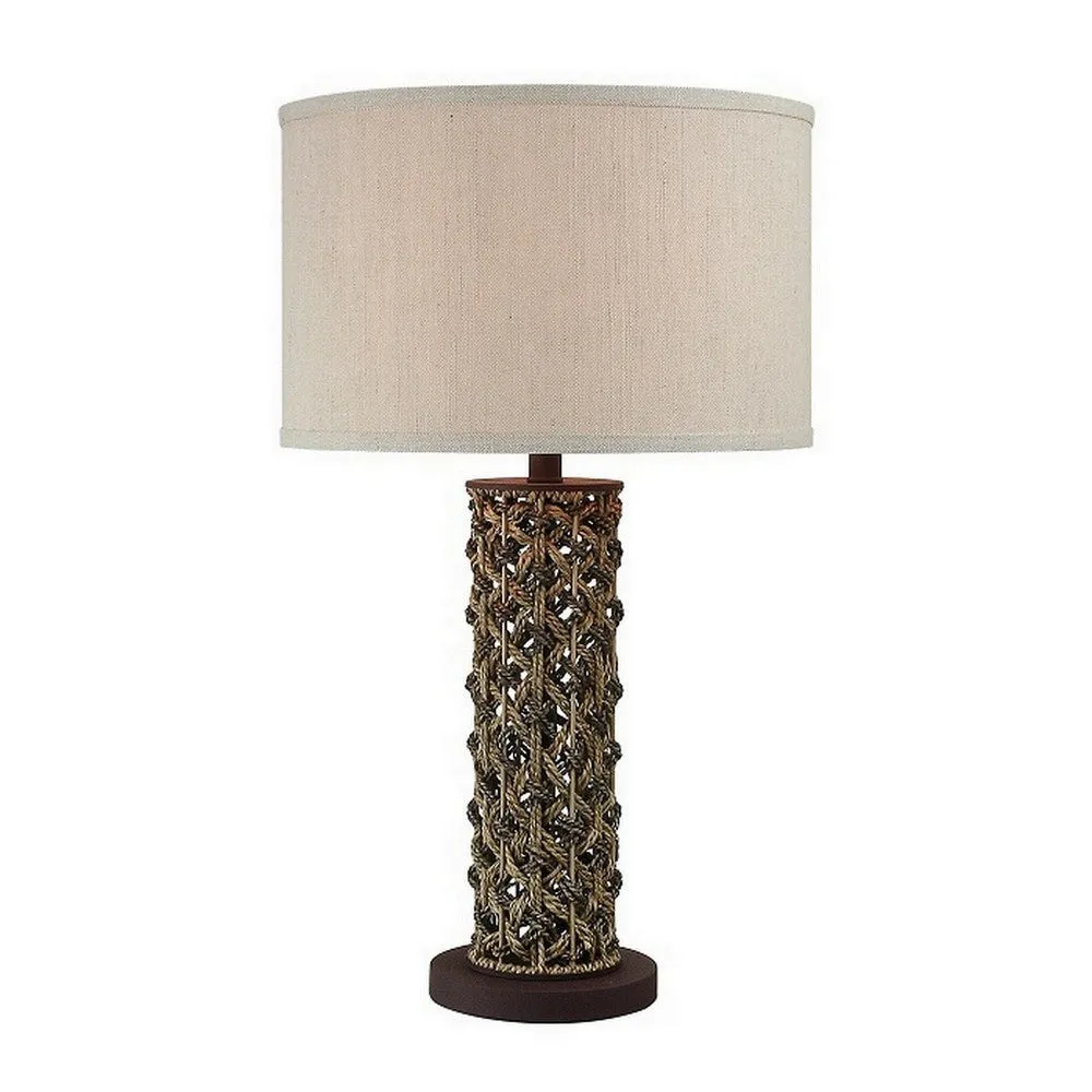 27 Inch Table Lamp, Woven Rope Design, Drum Shade, Rattan Wood, Brown By Casagear Home