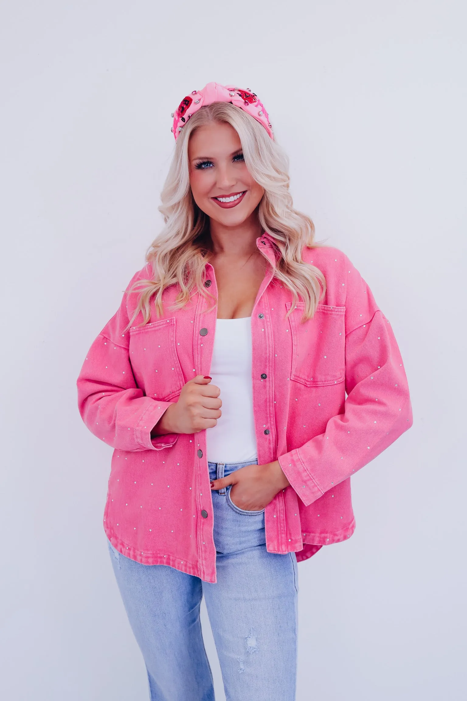 Ada Adorned Denim Shacket - Pink