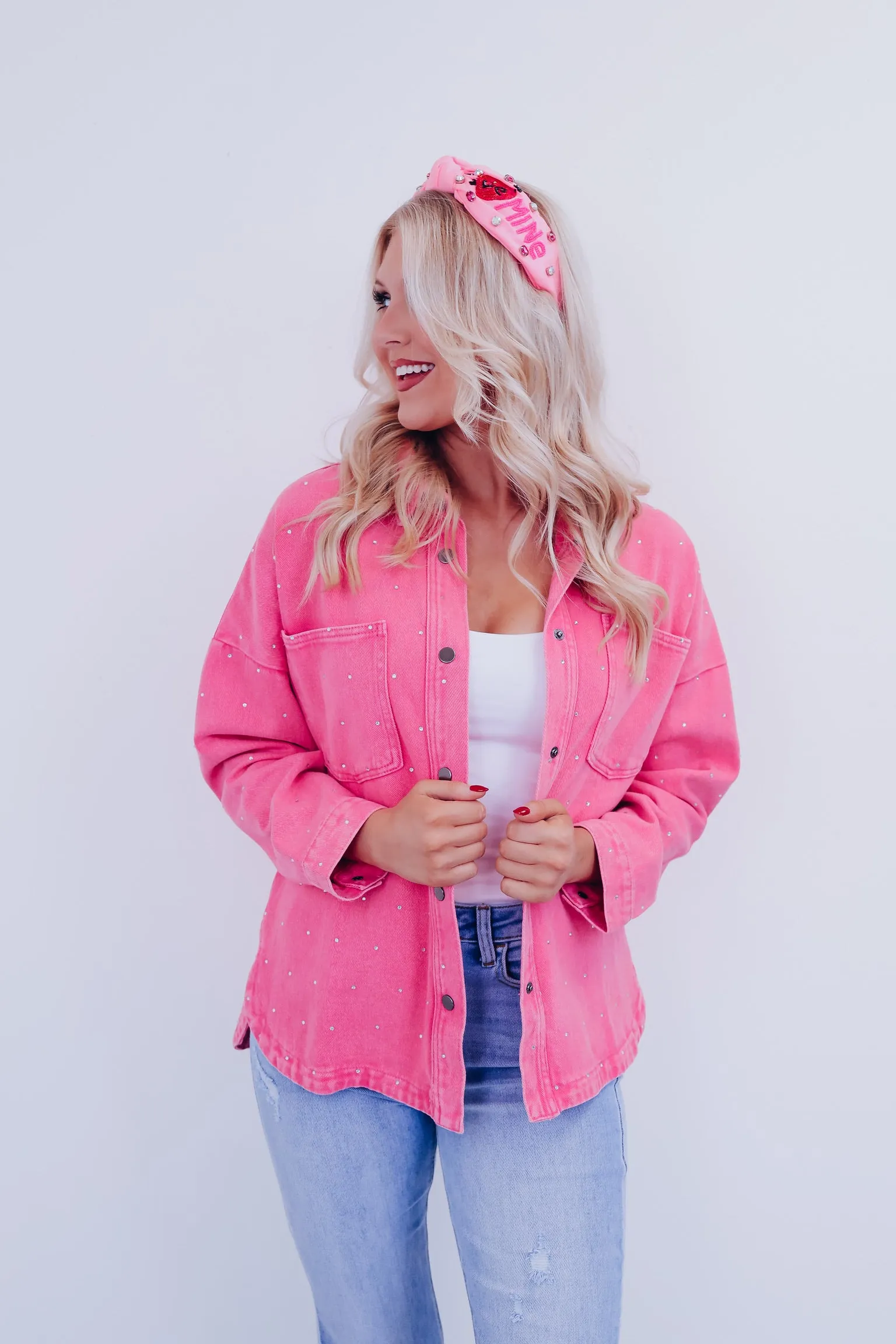 Ada Adorned Denim Shacket - Pink