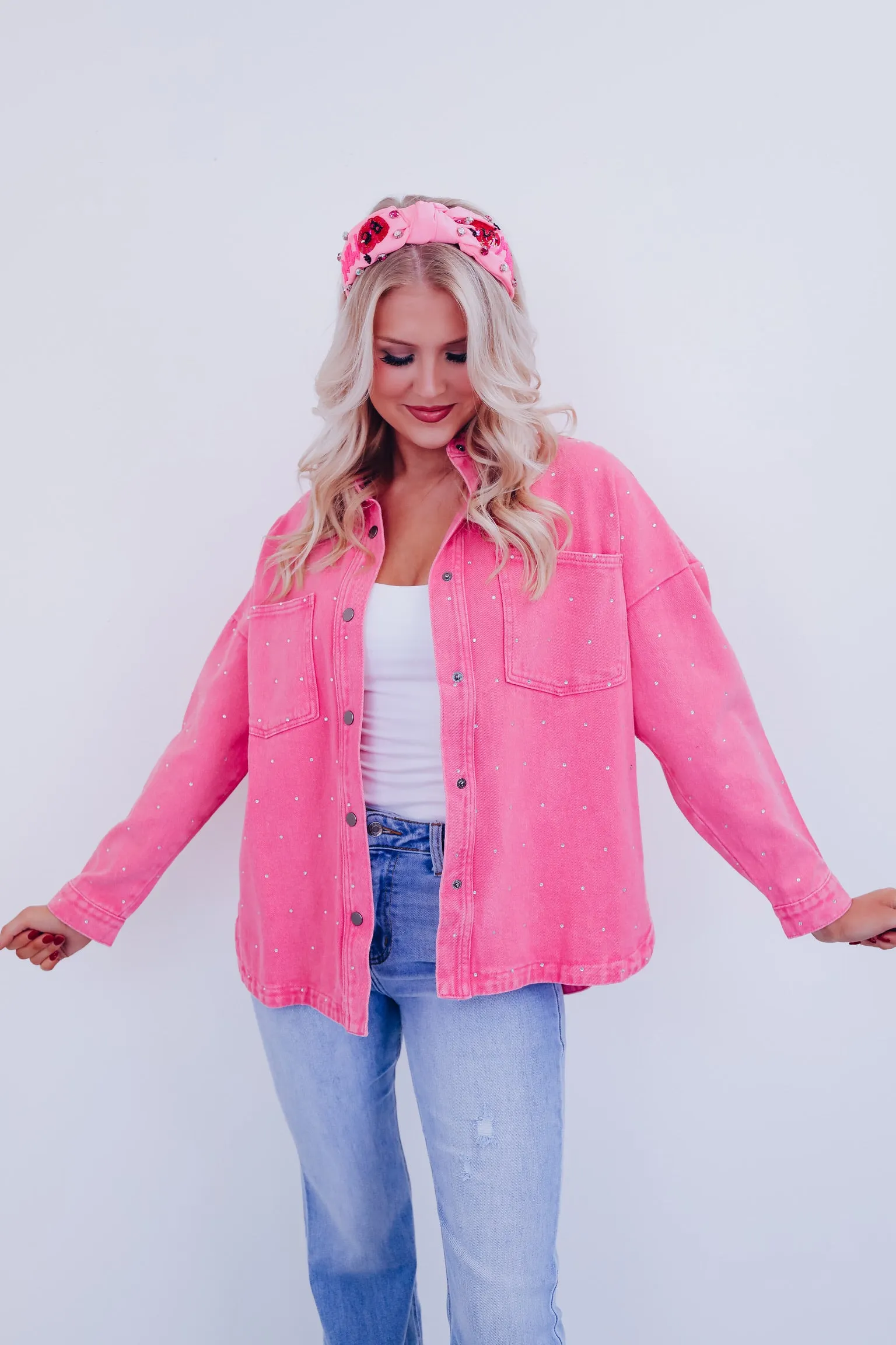 Ada Adorned Denim Shacket - Pink