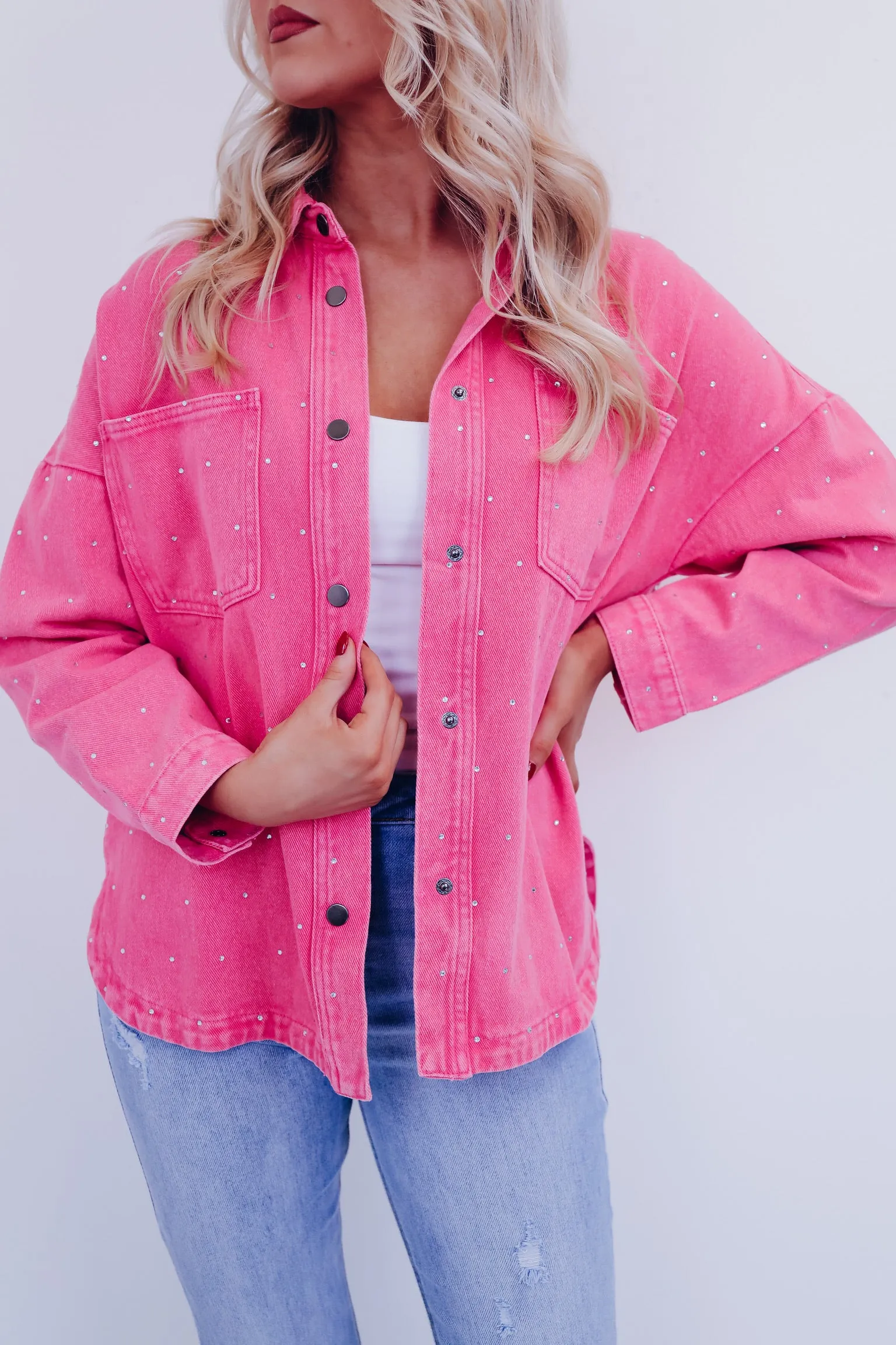 Ada Adorned Denim Shacket - Pink