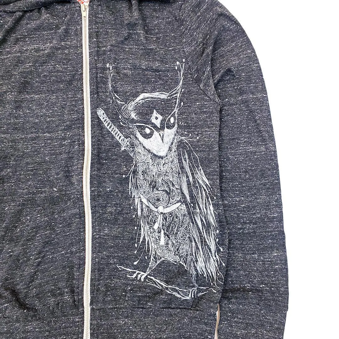 Adult Zip Hoodie - Samurai Line Art Owl on Heather Black (S - 2X) by Namu