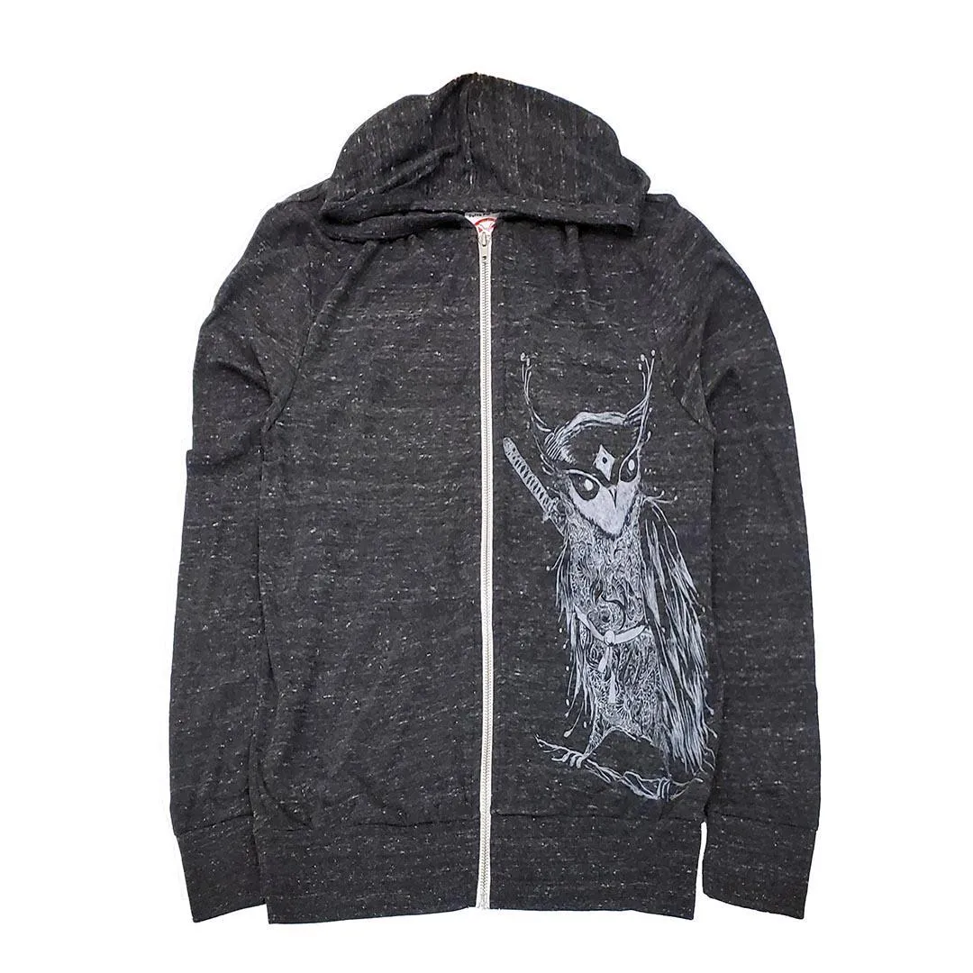 Adult Zip Hoodie - Samurai Line Art Owl on Heather Black (S - 2X) by Namu