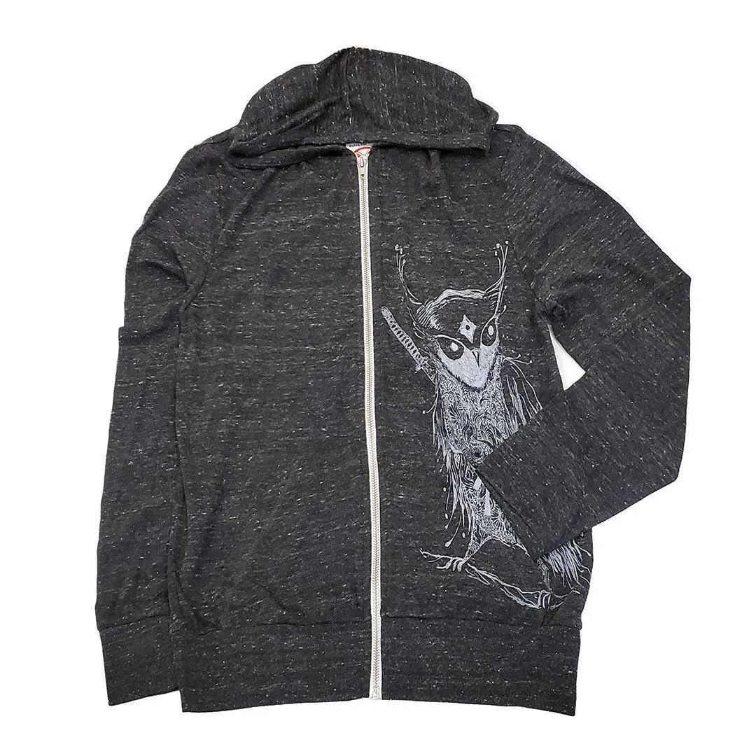 Adult Zip Hoodie - Samurai Line Art Owl on Heather Black (S - 2X) by Namu