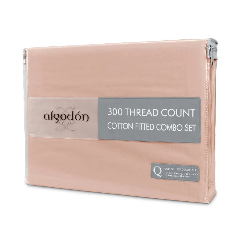 Algodon 300 Thread Count Cotton Fitted Sheet and Pillowcase Set Only