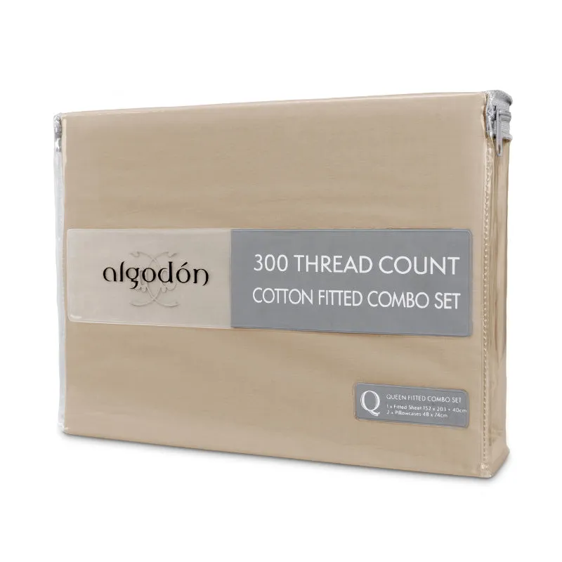 Algodon 300 Thread Count Cotton Fitted Sheet and Pillowcase Set Only