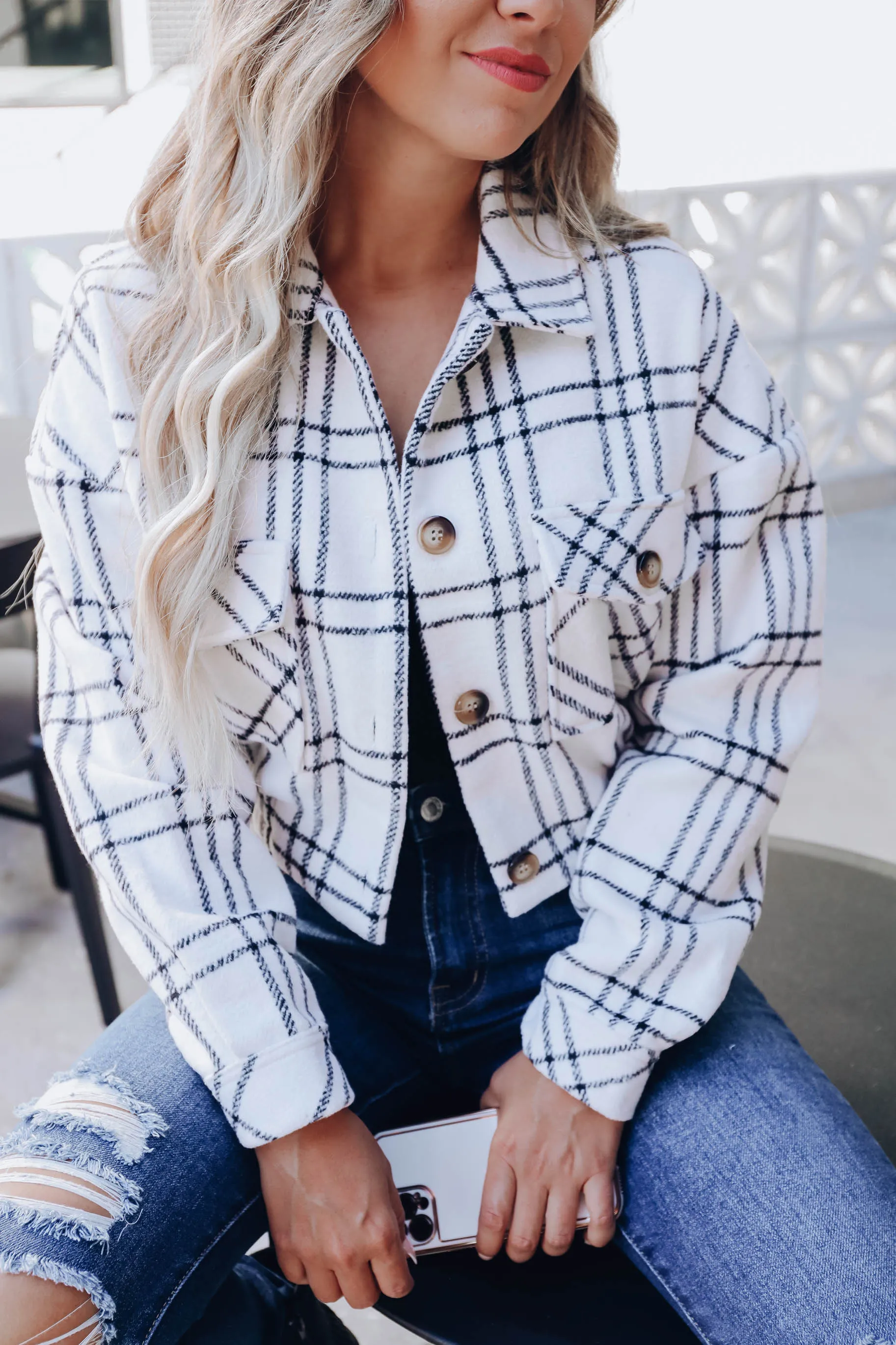 Arcadia Cropped Plaid Shacket - White