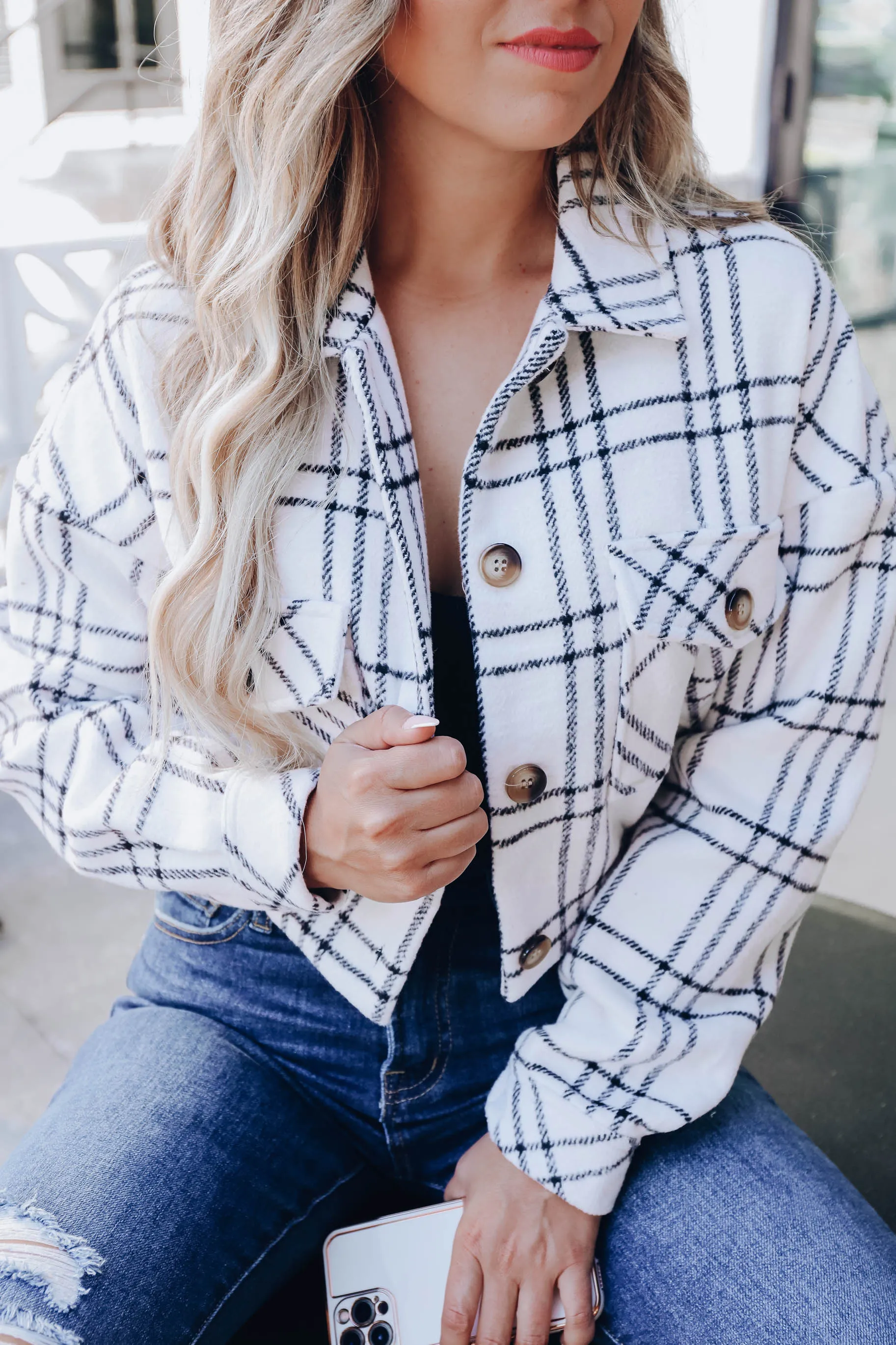 Arcadia Cropped Plaid Shacket - White