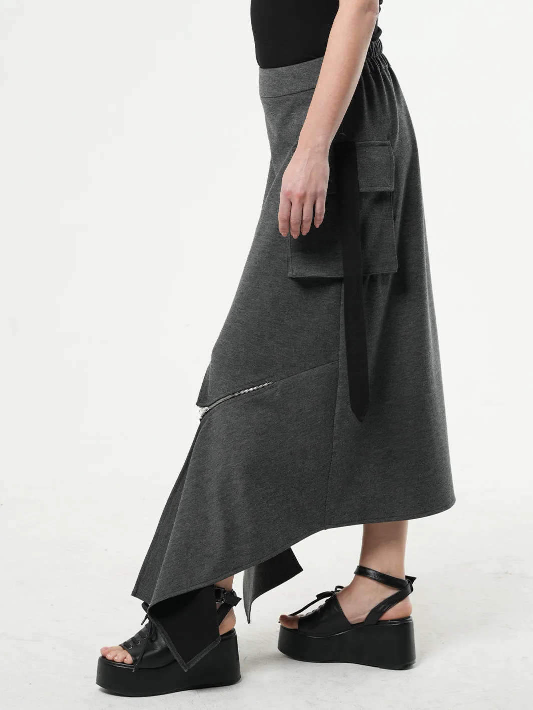 Asymmetric Gray Long Skirt with Zippers