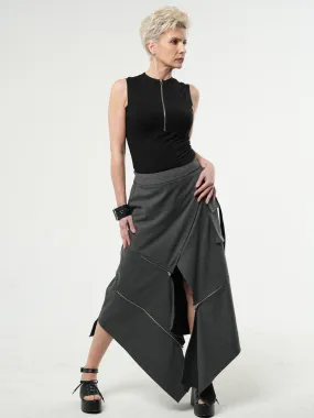 Asymmetric Gray Long Skirt with Zippers