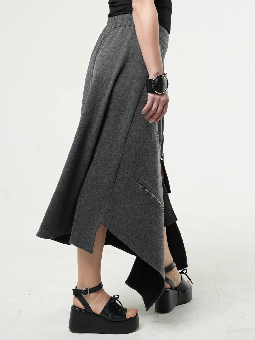 Asymmetric Gray Long Skirt with Zippers