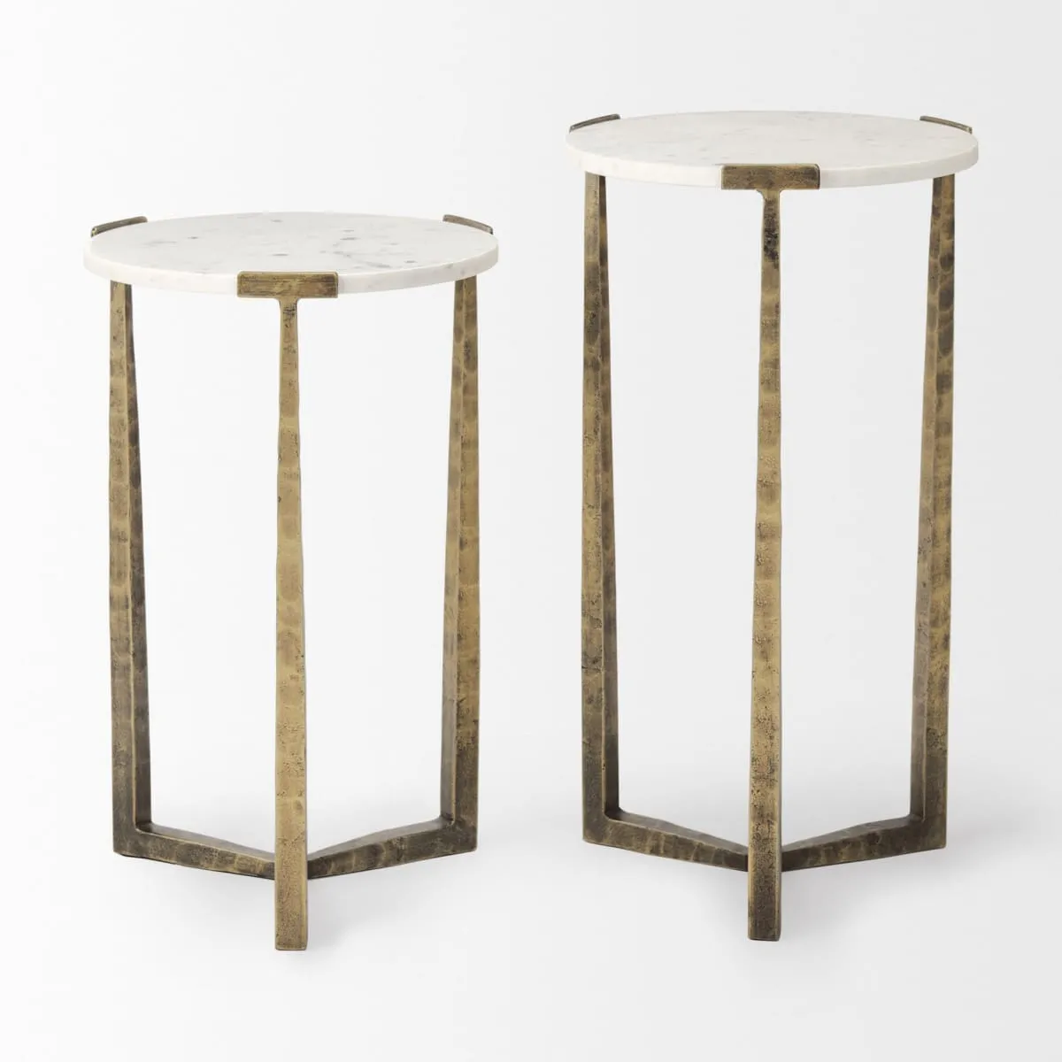 Atticus Accent Table White Marble | Antiqued Gold Hammered Metal | Set of 2 Nesting