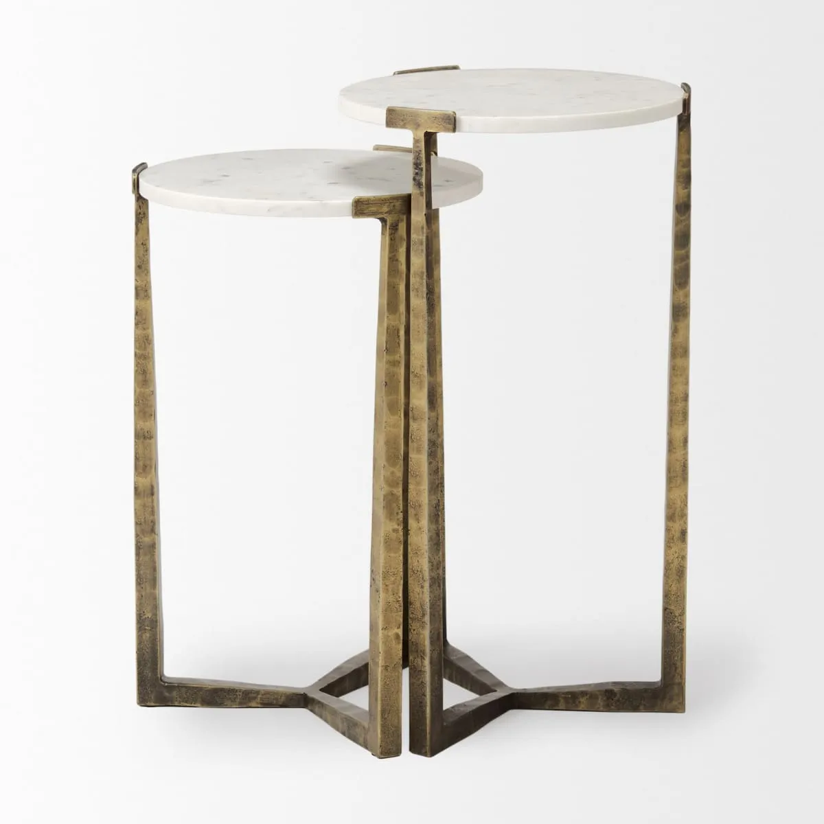 Atticus Accent Table White Marble | Antiqued Gold Hammered Metal | Set of 2 Nesting