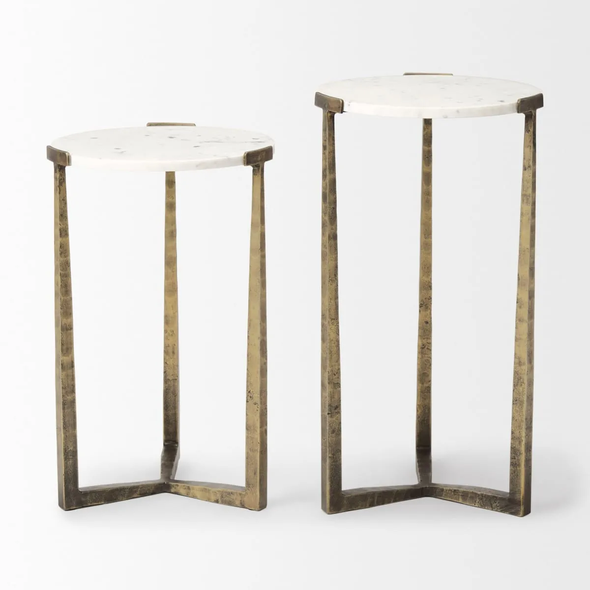 Atticus Accent Table White Marble | Antiqued Gold Hammered Metal | Set of 2 Nesting