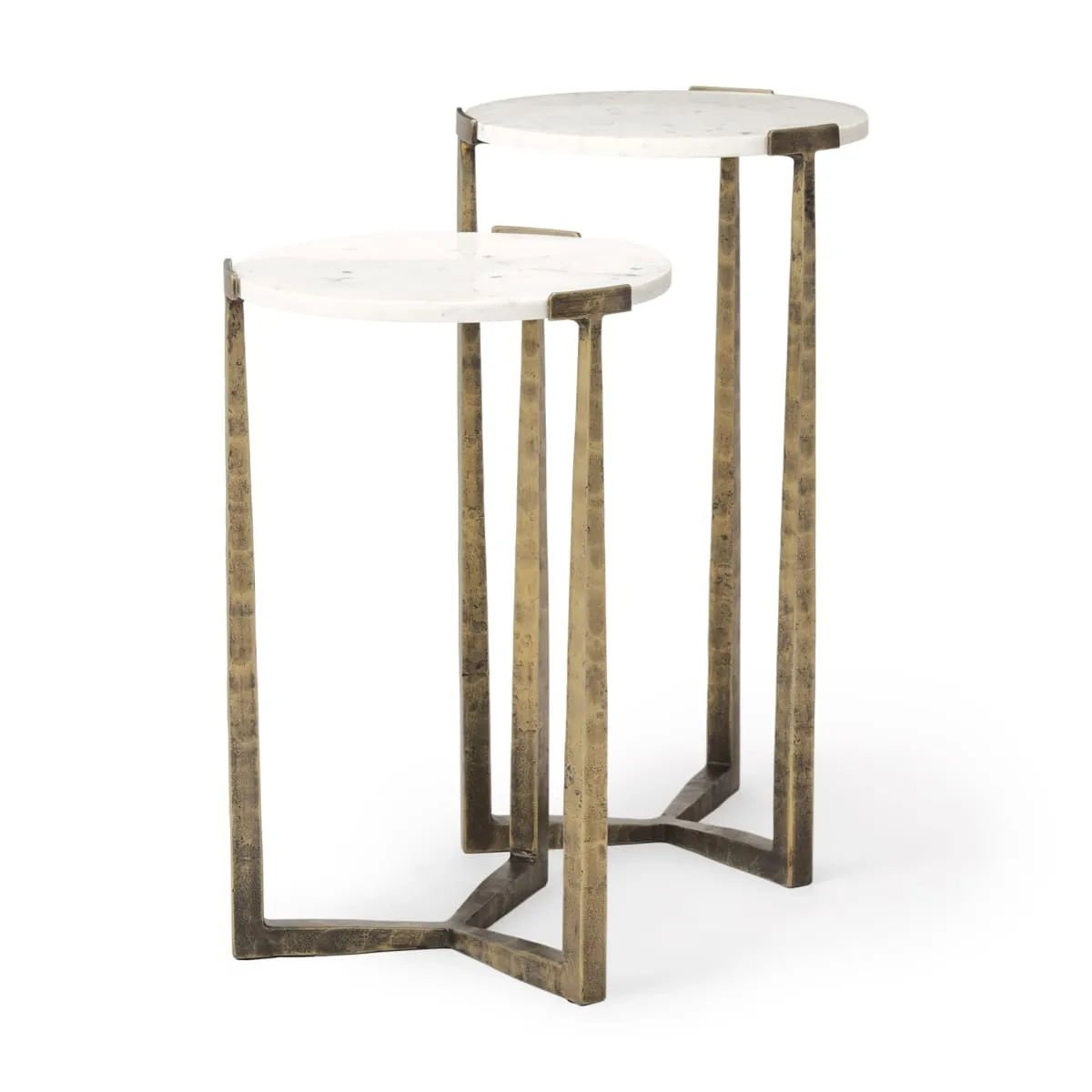 Atticus Accent Table White Marble | Antiqued Gold Hammered Metal | Set of 2 Nesting