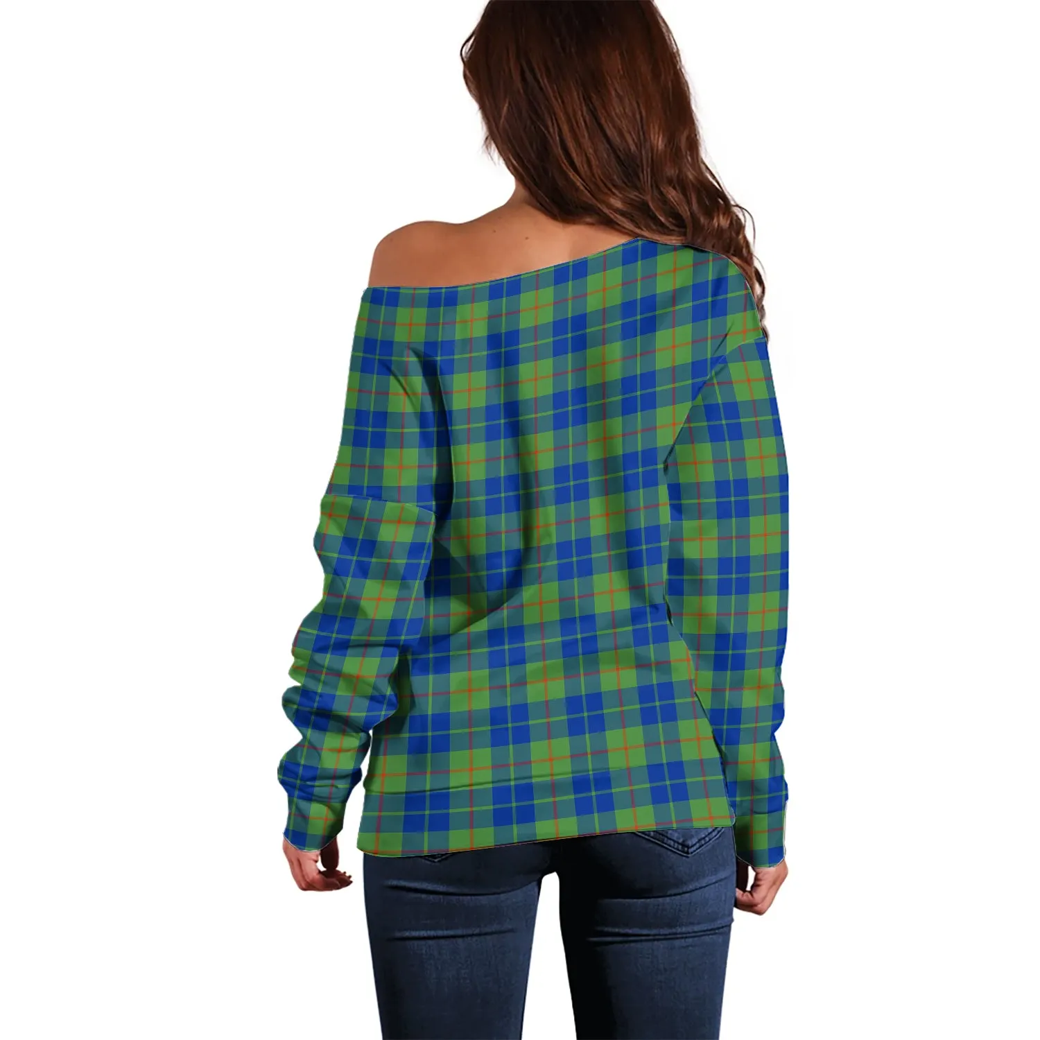 Barclay Hunting Ancient Tartan Off Shoulder Women Sweater with Family Crest