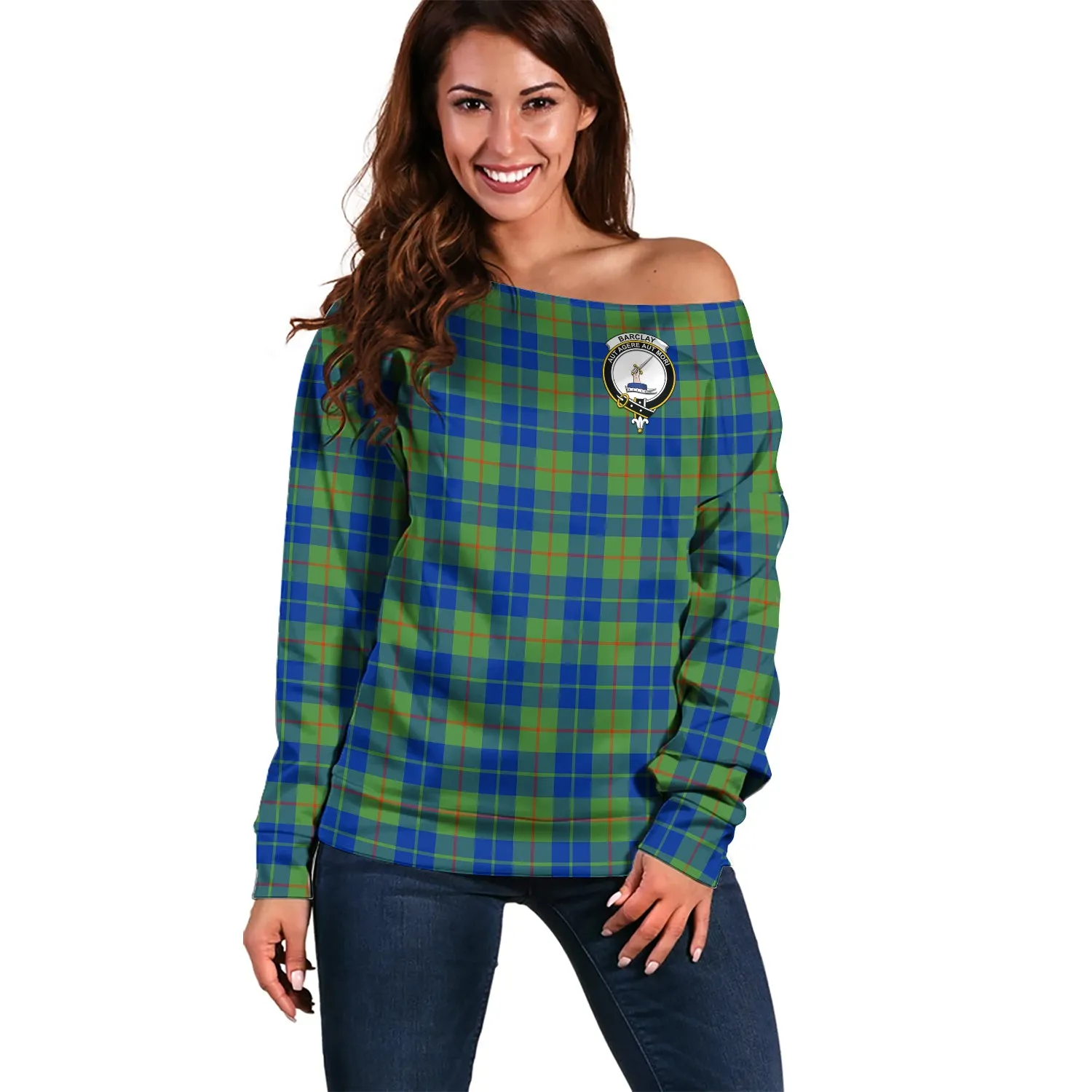 Barclay Hunting Ancient Tartan Off Shoulder Women Sweater with Family Crest