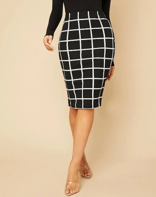 Black & White Grid Print Pencil Midi Skirt