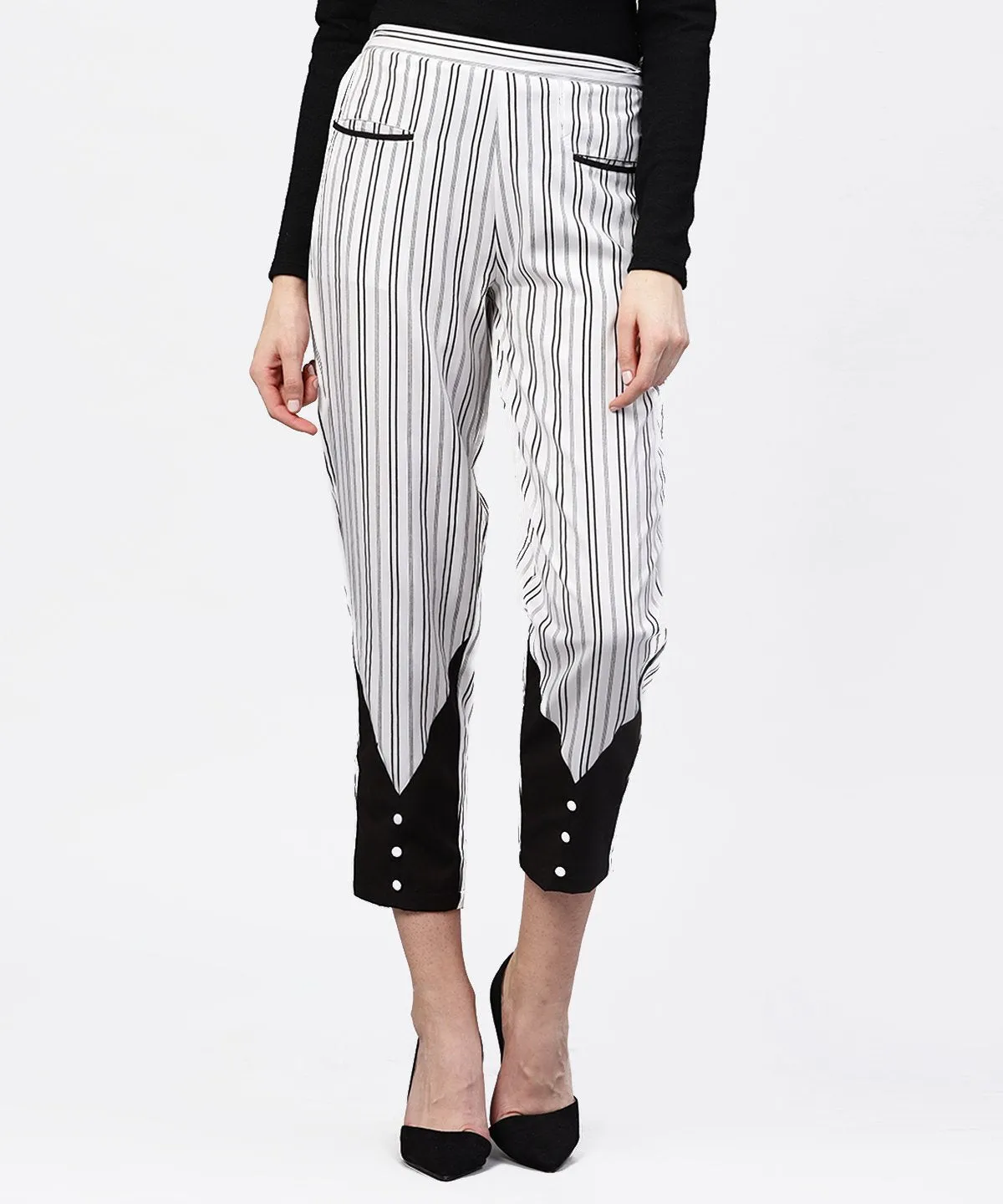 Black And White Striped Trouser With Pockets