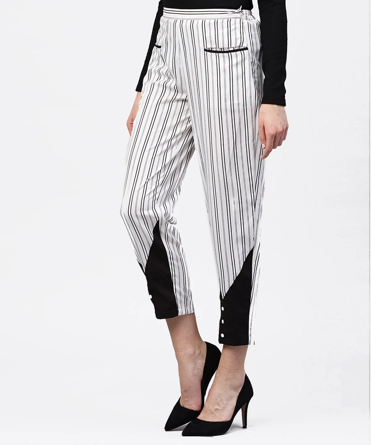 Black And White Striped Trouser With Pockets