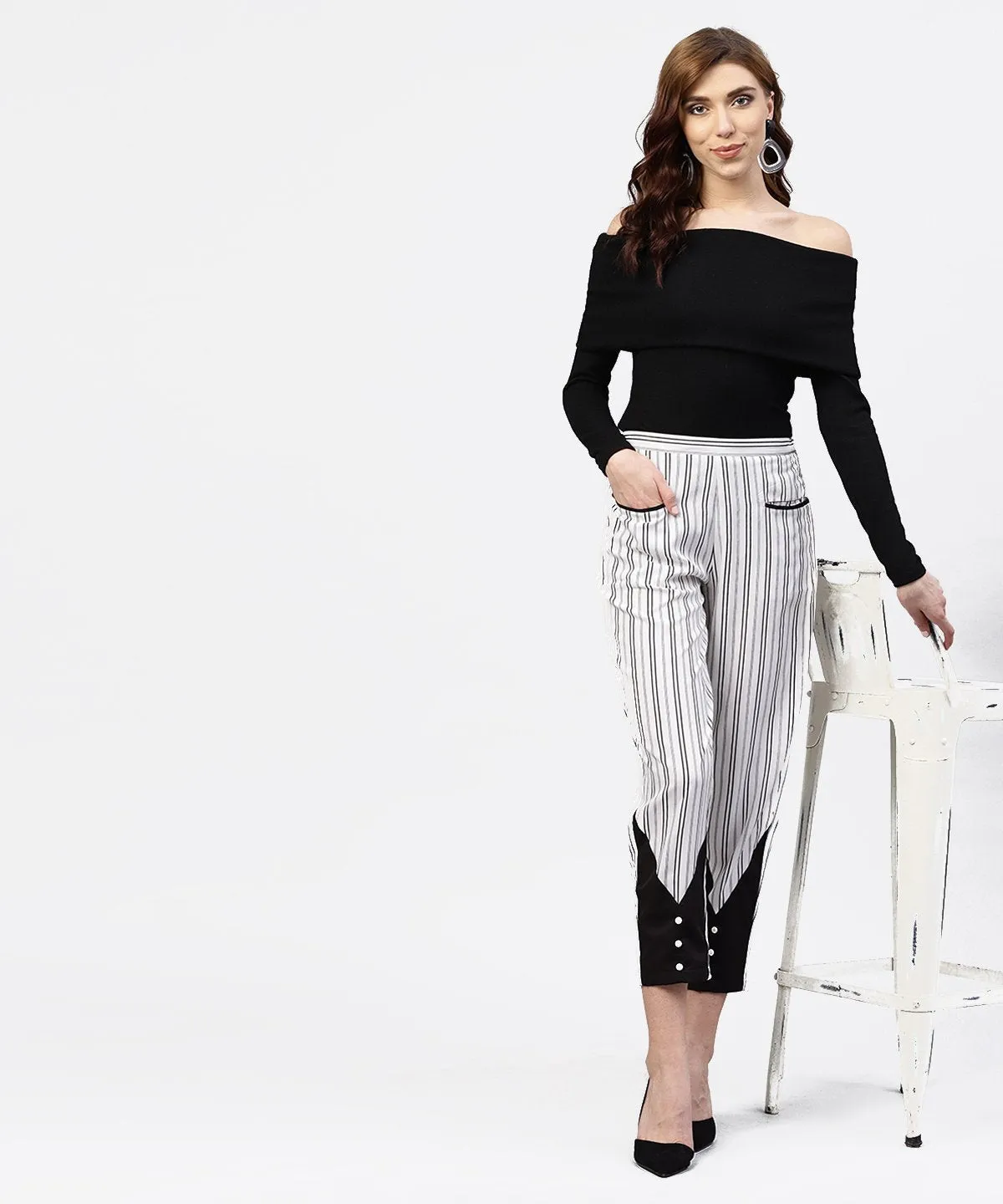 Black And White Striped Trouser With Pockets