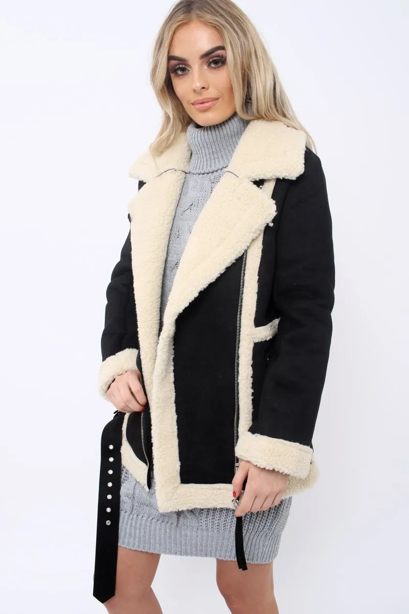 Black Faux Shearling Coat - Scarlett