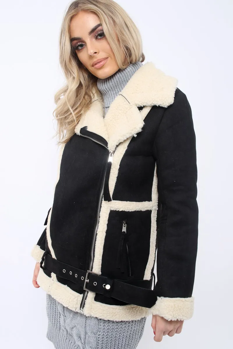 Black Faux Shearling Coat - Scarlett