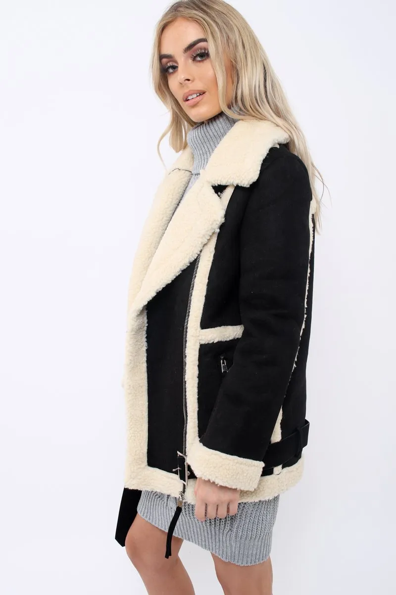 Black Faux Shearling Coat - Scarlett