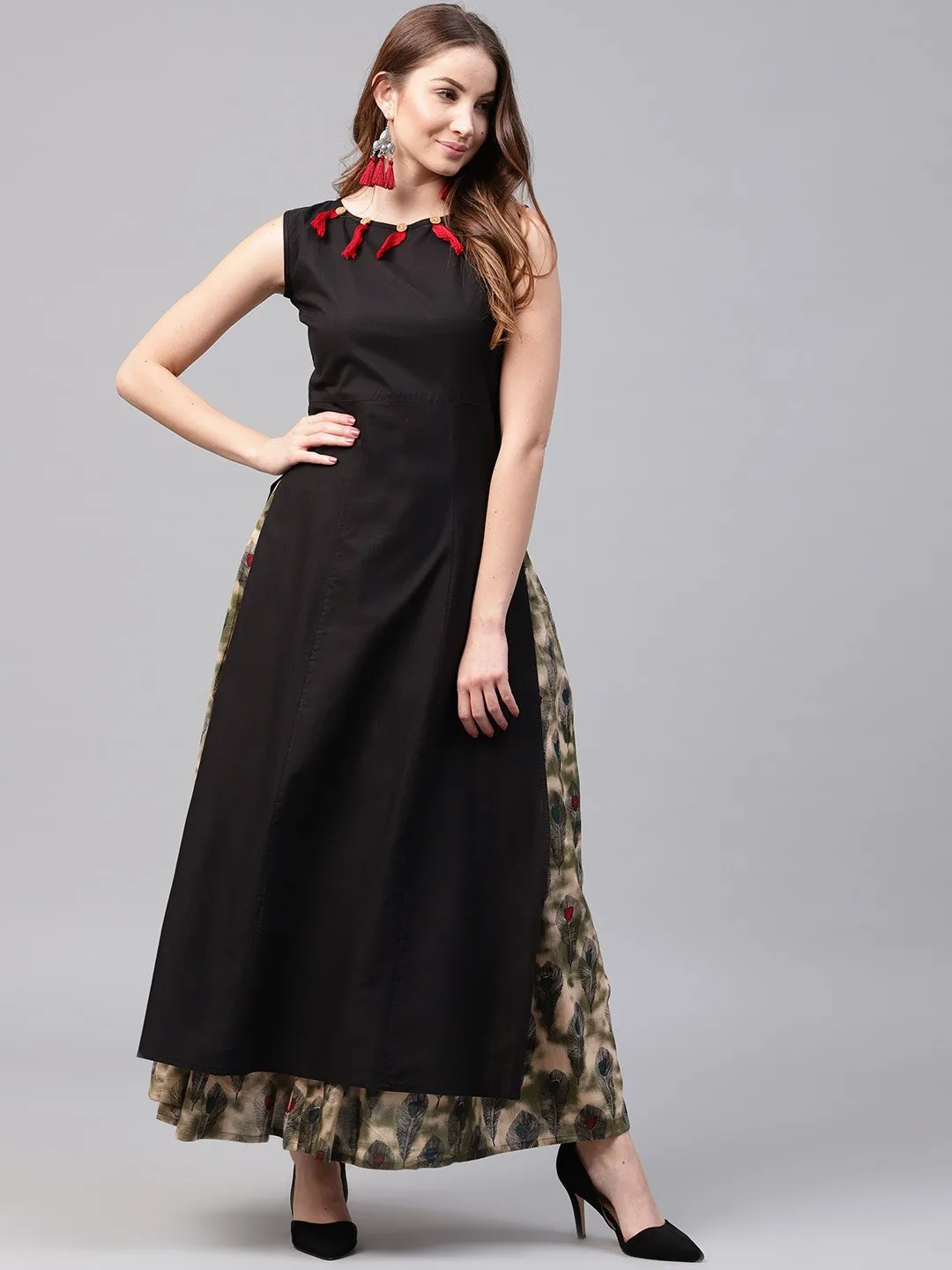 Black Sleeveless Cotton Kurta With Green Printed Flared Skirt