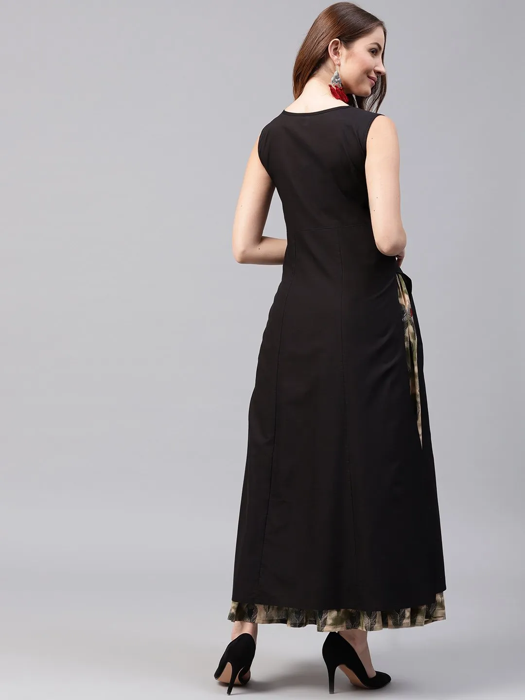 Black Sleeveless Cotton Kurta With Green Printed Flared Skirt