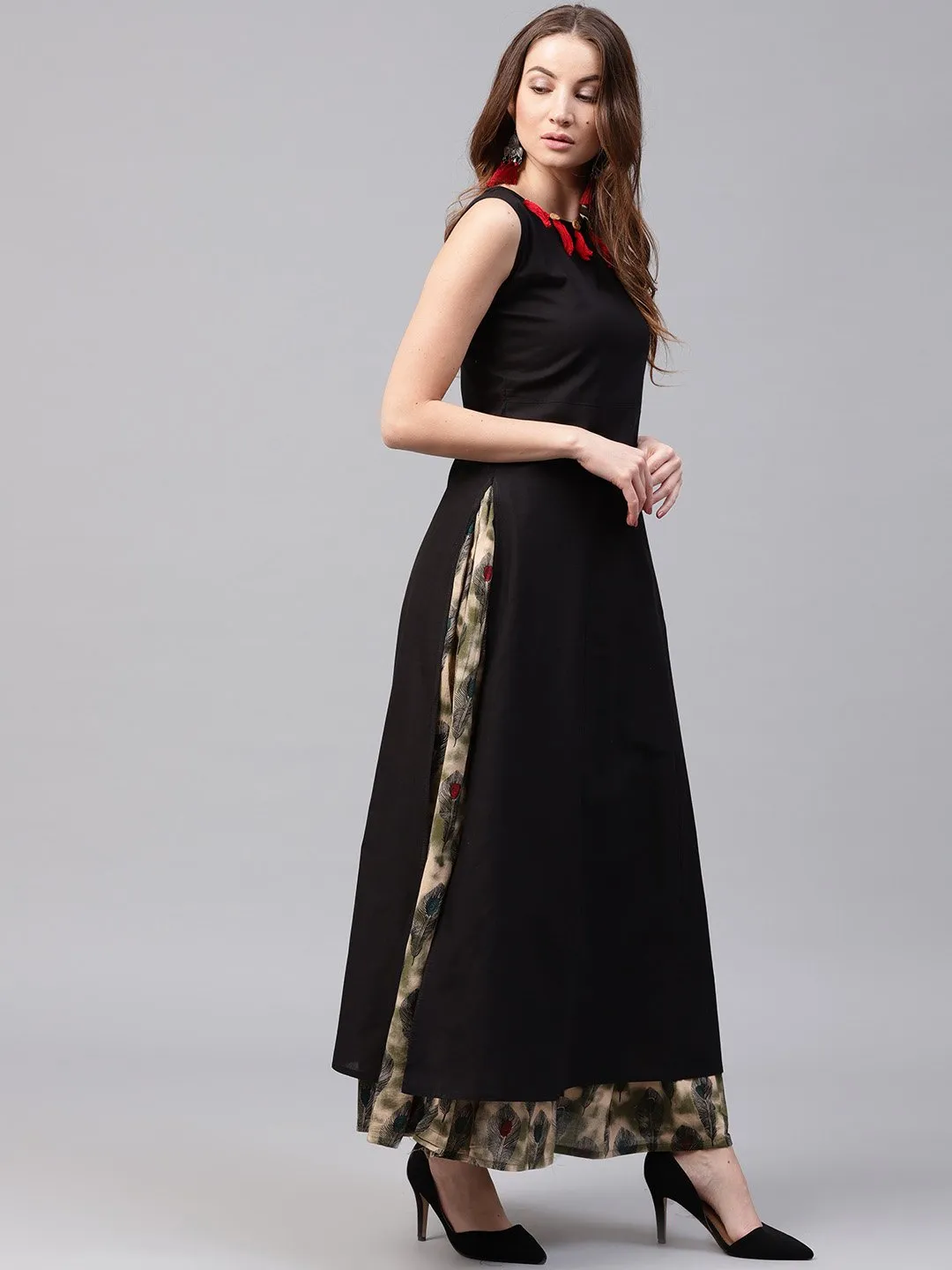 Black Sleeveless Cotton Kurta With Green Printed Flared Skirt