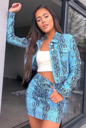 Blue Snake Print Trucker Jacket Mini Skirt Co-Ord - Kiera