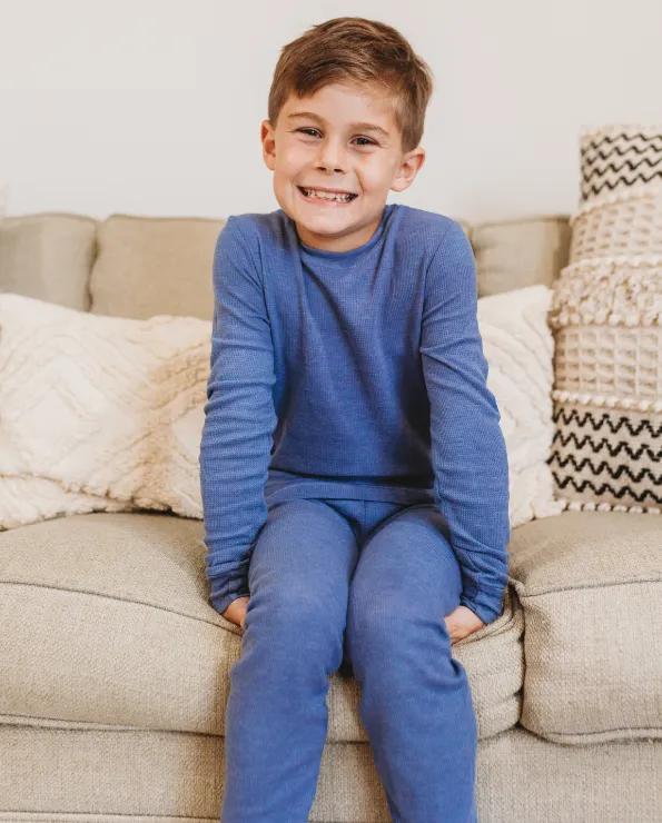 Boys Soft & Cozy Thermal 2-Piece Long Johns | Dark Khaki w- Baby Blue Stitch