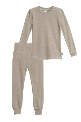 Boys Soft & Cozy Thermal 2-Piece Long Johns | Dark Khaki w- Baby Blue Stitch