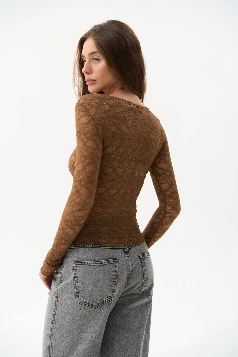 Brown Lace Long Sleeve Top