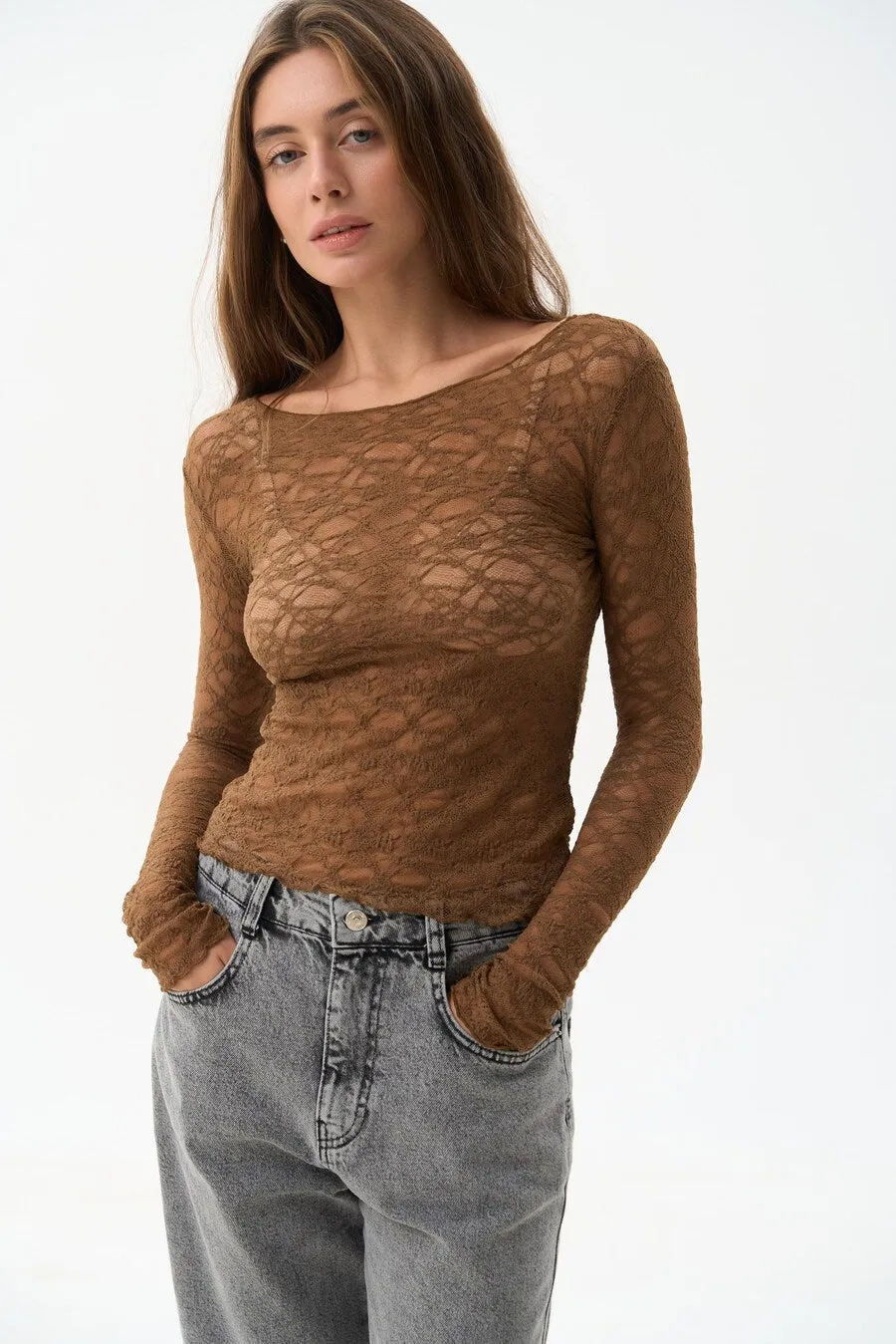 Brown Lace Long Sleeve Top