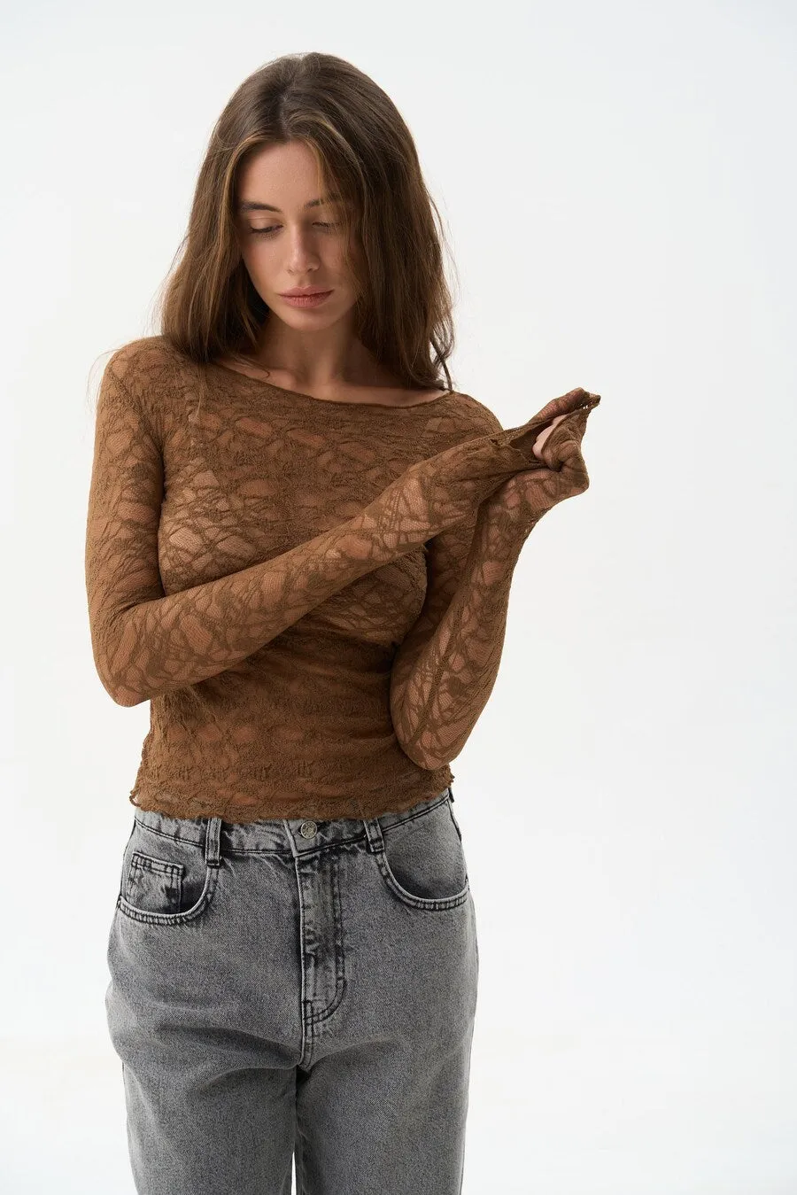 Brown Lace Long Sleeve Top