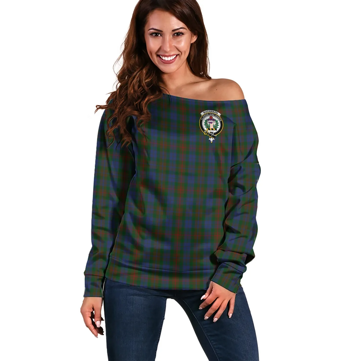 Buchanan Hunting Tartan Off Shoulder Women Sweater with Family Crest