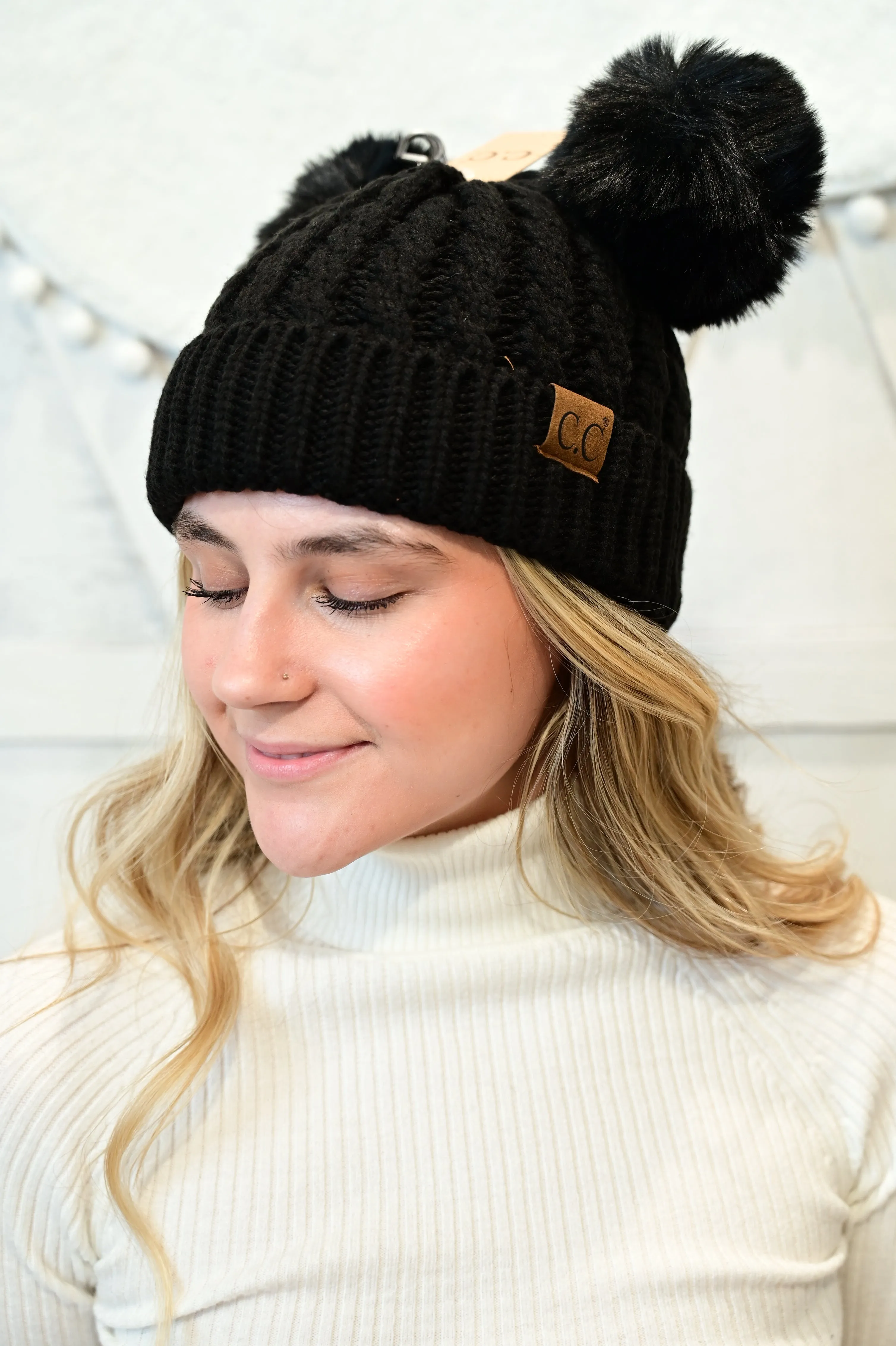 CC KNIT DOUBLE POM BEANIE