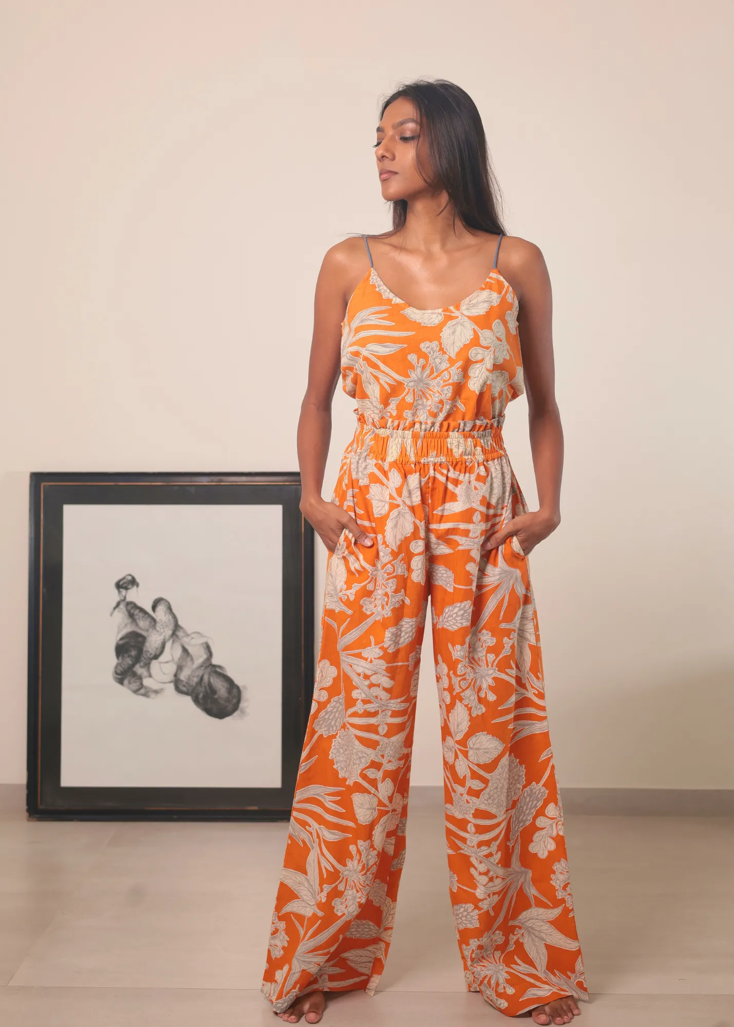 Chhaya Wide Leg Pant - Orange Kodi Flowers