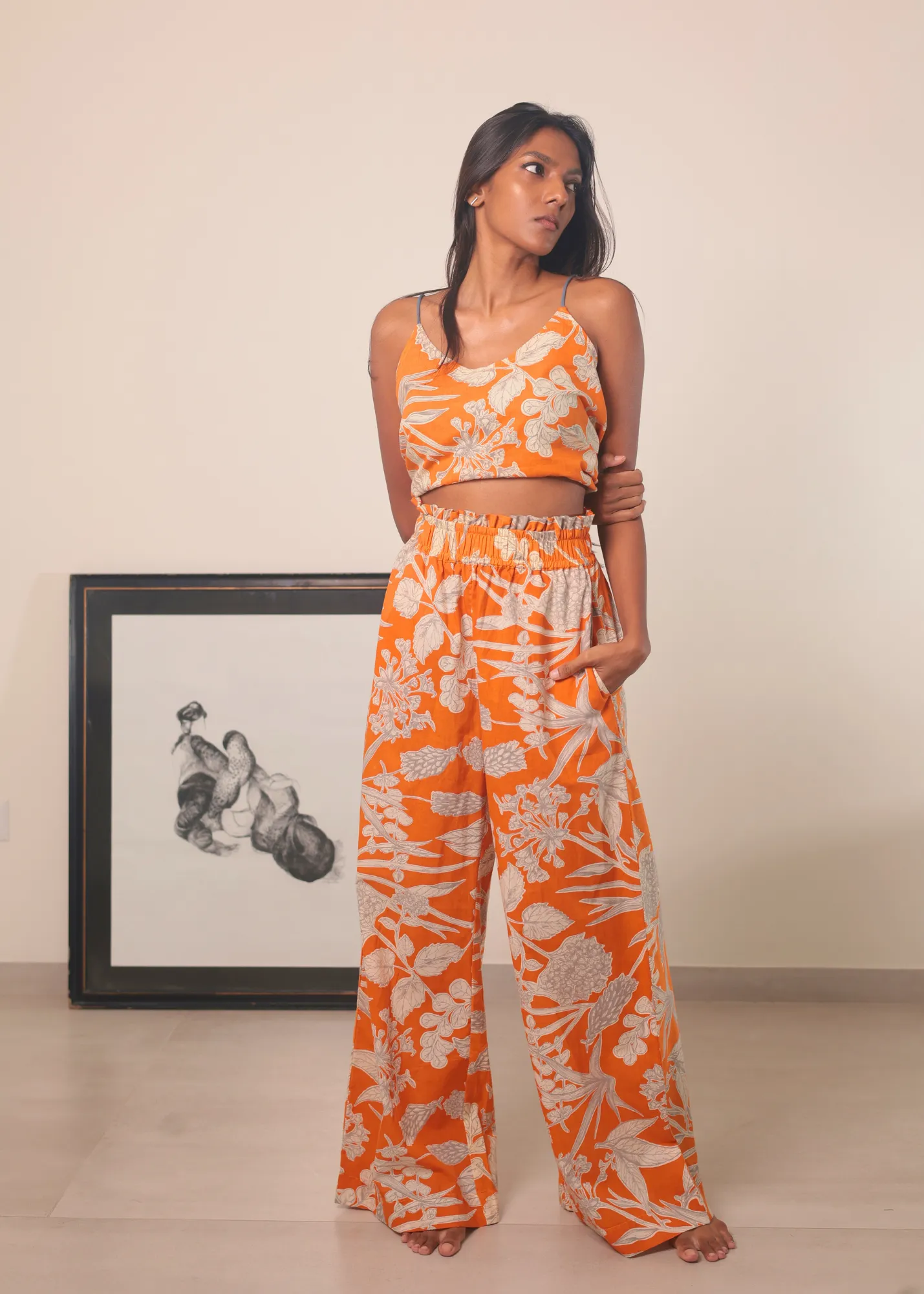 Chhaya Wide Leg Pant - Orange Kodi Flowers