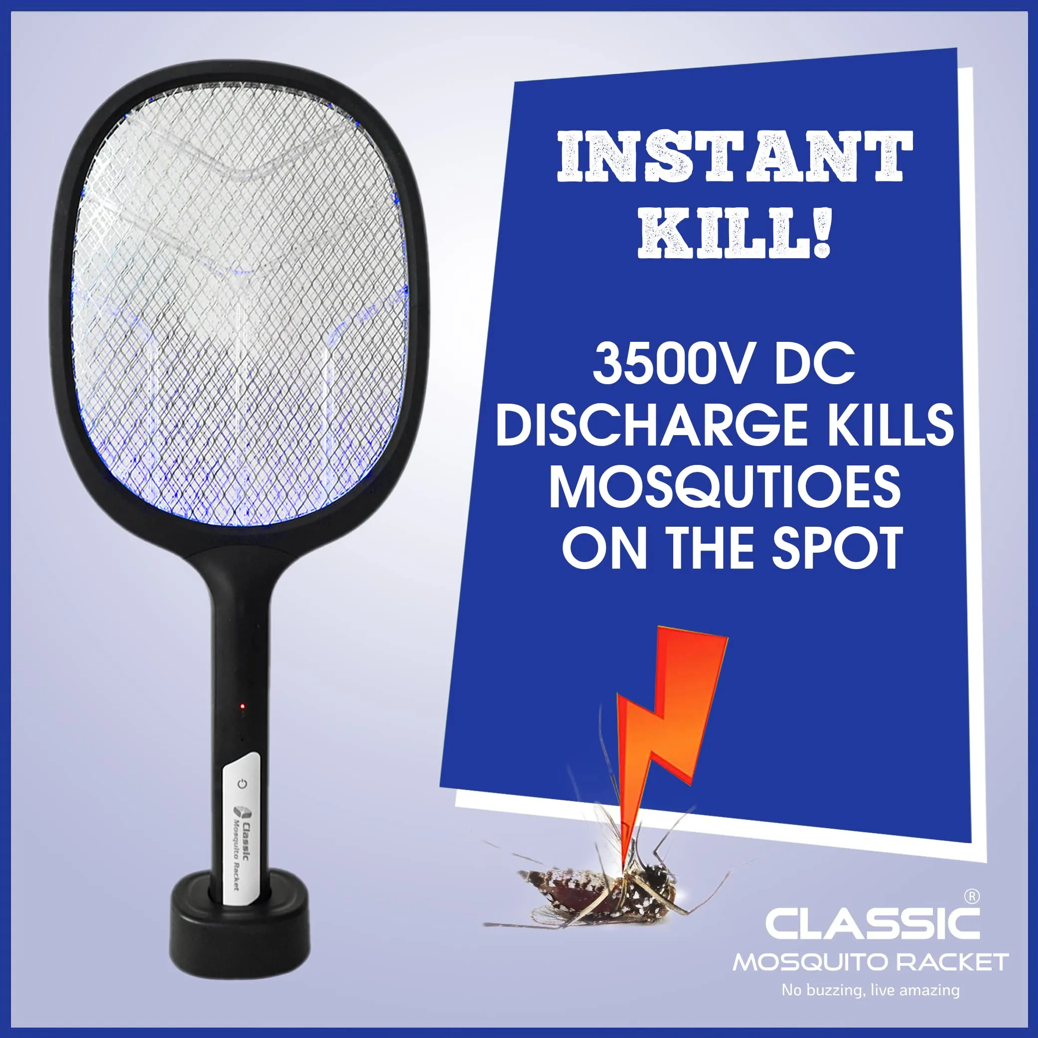 Classic Mosquito Racket With Rechargeable Insect Killer, Mosquito Bat With Led Lights, 1200Mah Lithium Ion Battery, Made In India (Black)