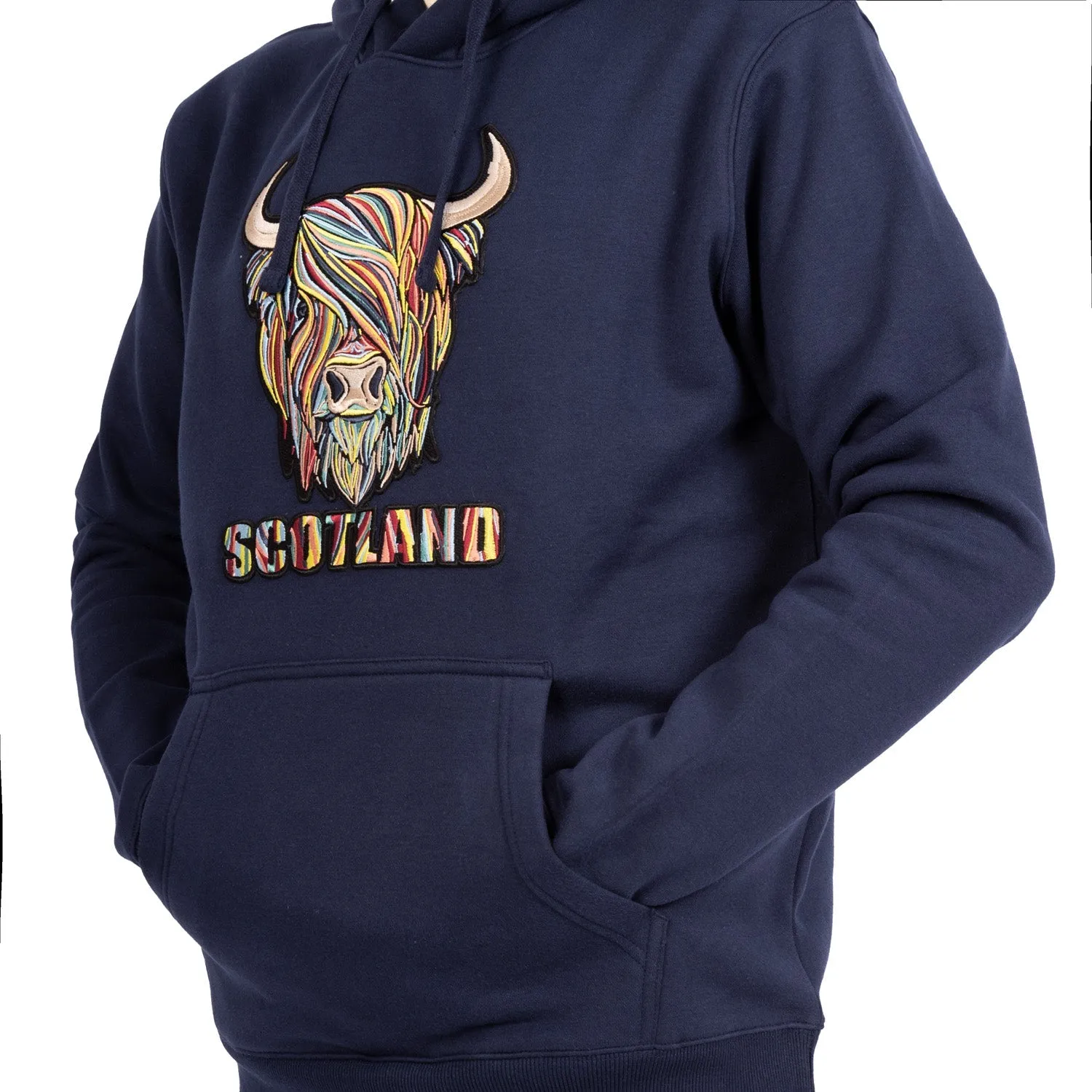 Colourful Highland Cow Scotland Embroidered Hooded Sweatshirt Top Navy