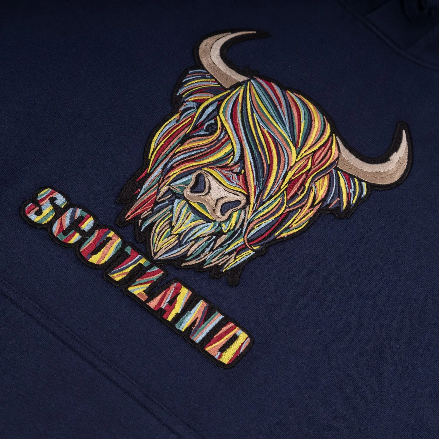 Colourful Highland Cow Scotland Embroidered Hooded Sweatshirt Top Navy