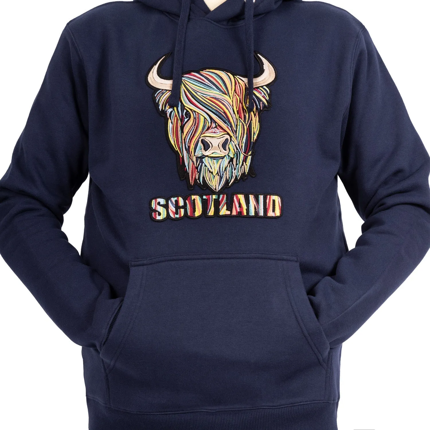 Colourful Highland Cow Scotland Embroidered Hooded Sweatshirt Top Navy