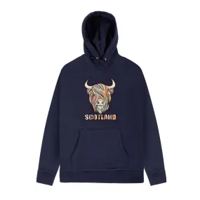 Colourful Highland Cow Scotland Embroidered Hooded Sweatshirt Top Navy