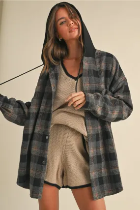 Contrast Plaid Hooded Shacket