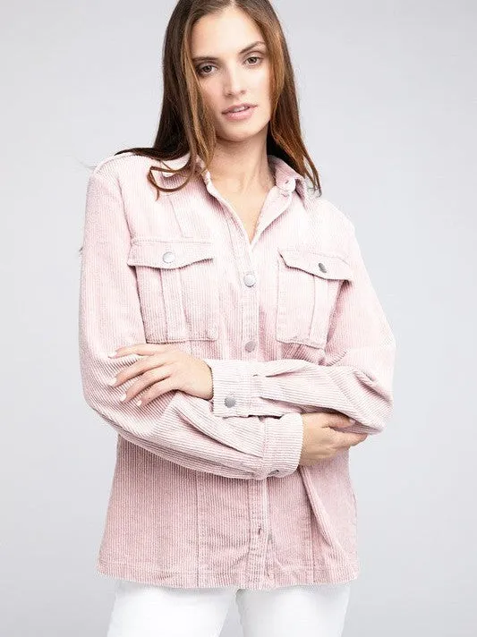 Cool in Pastel Corduroy Button Down Shacket