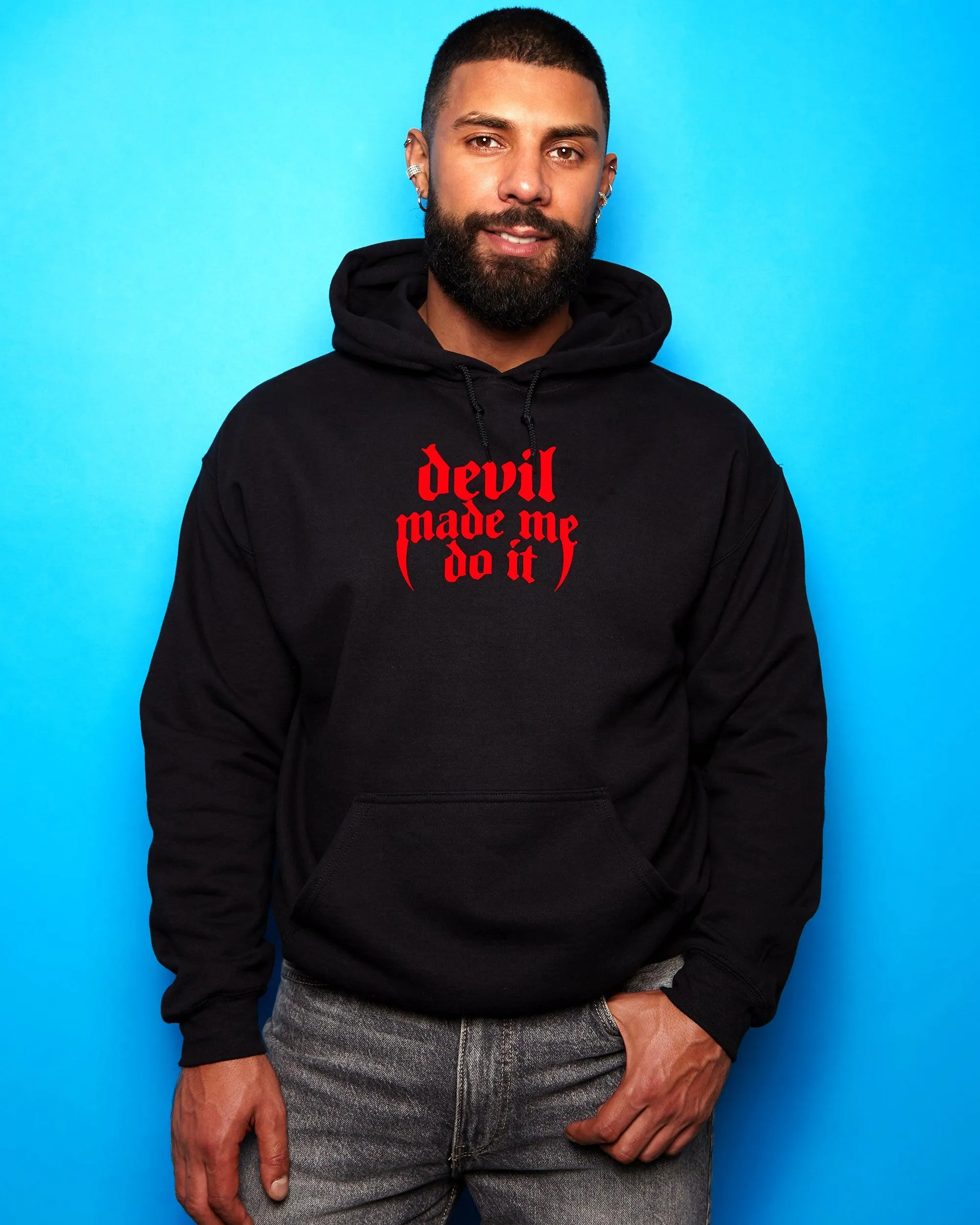 Devil made me do it, red flock on black pull over hoodie.